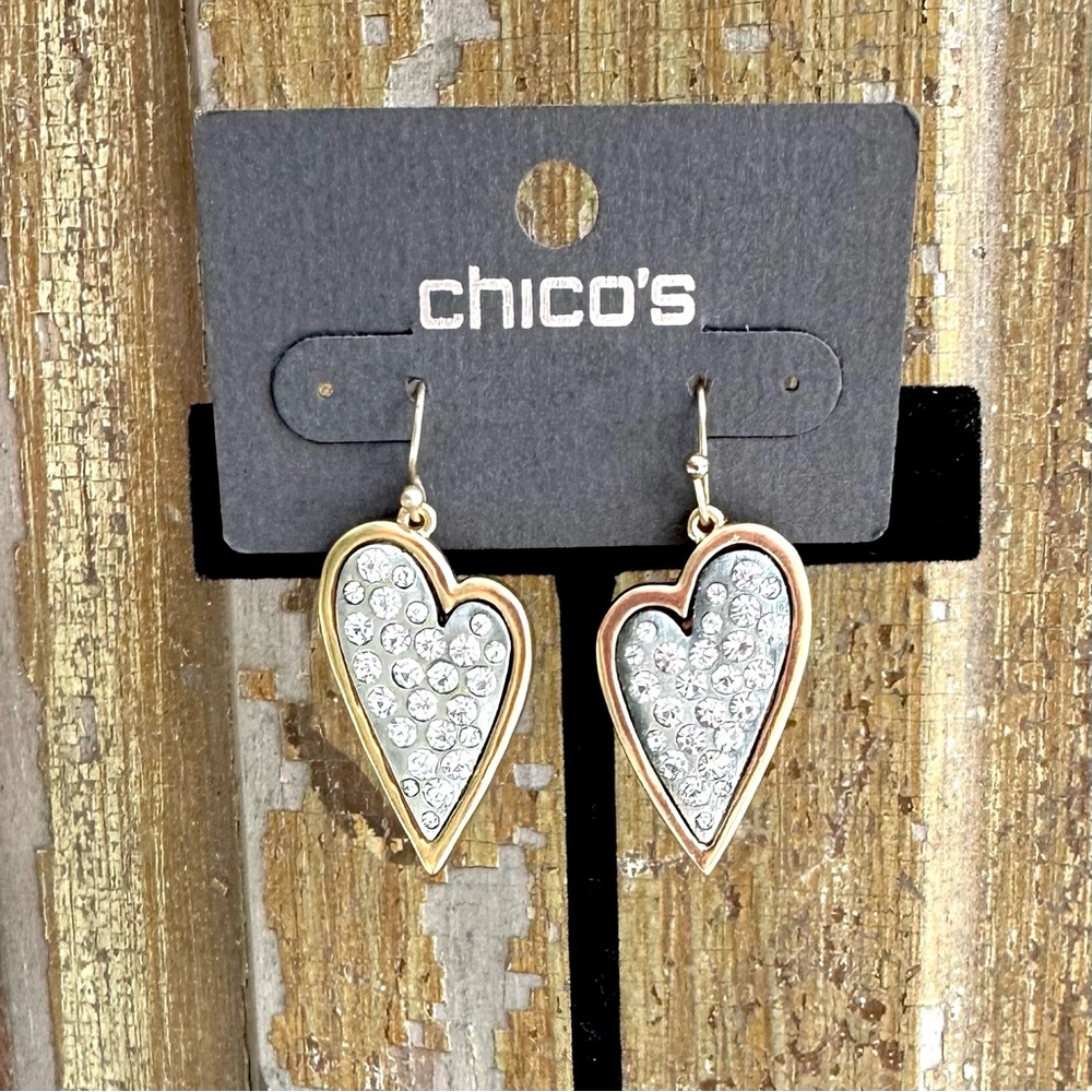 Chico’s Lara Two Tone Big Heart Clear Rhinestone Drop Dangle Earrings NWT